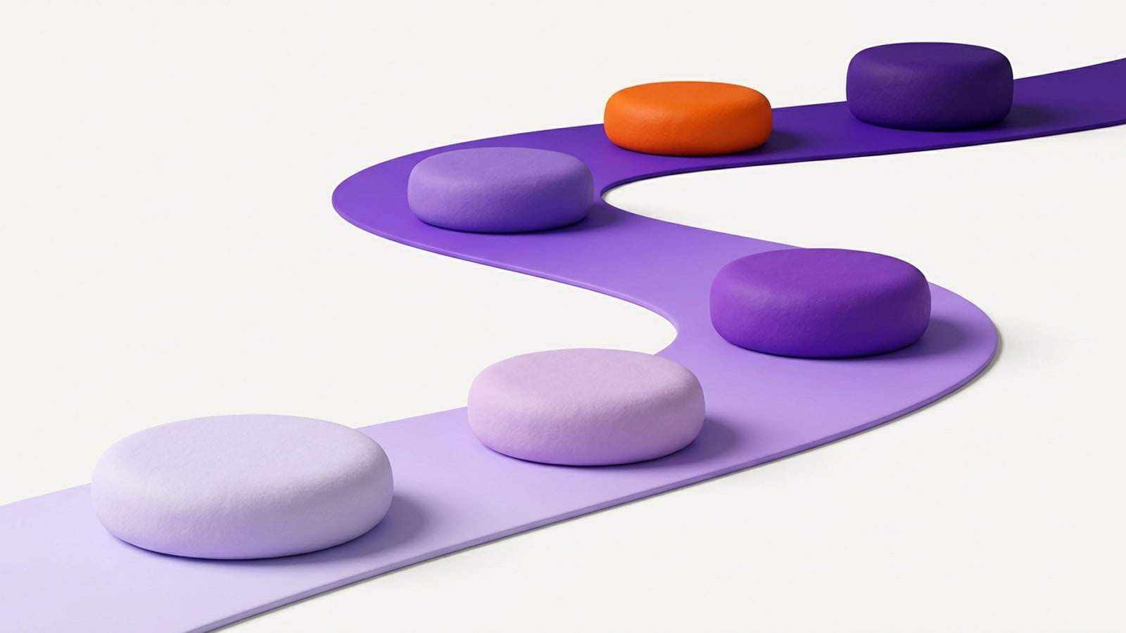 Ilustração 3D em fundo off-white: uma trilha violeta em curva de S atravessa o quadro em profundidade, com seis pedras arredondadas apoiadas sobre ela; a cor vai do lilás claro na frente ao violeta profundo ao fundo, e a quinta pedra é laranja.